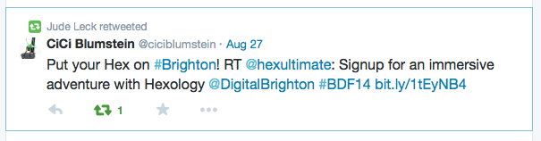 Screenshot of a tweet retweeted by Jude Leck: Put your Hex on Brighton, sign up for an immersive adventure with Hexology