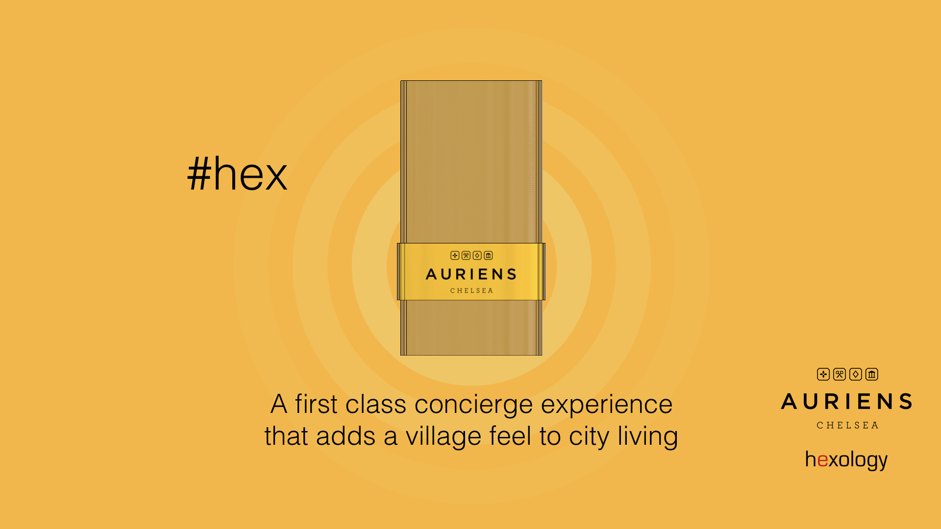 Slide showing a gold Auriens hex card: A first class concierge experience that adds a village feel to city living
