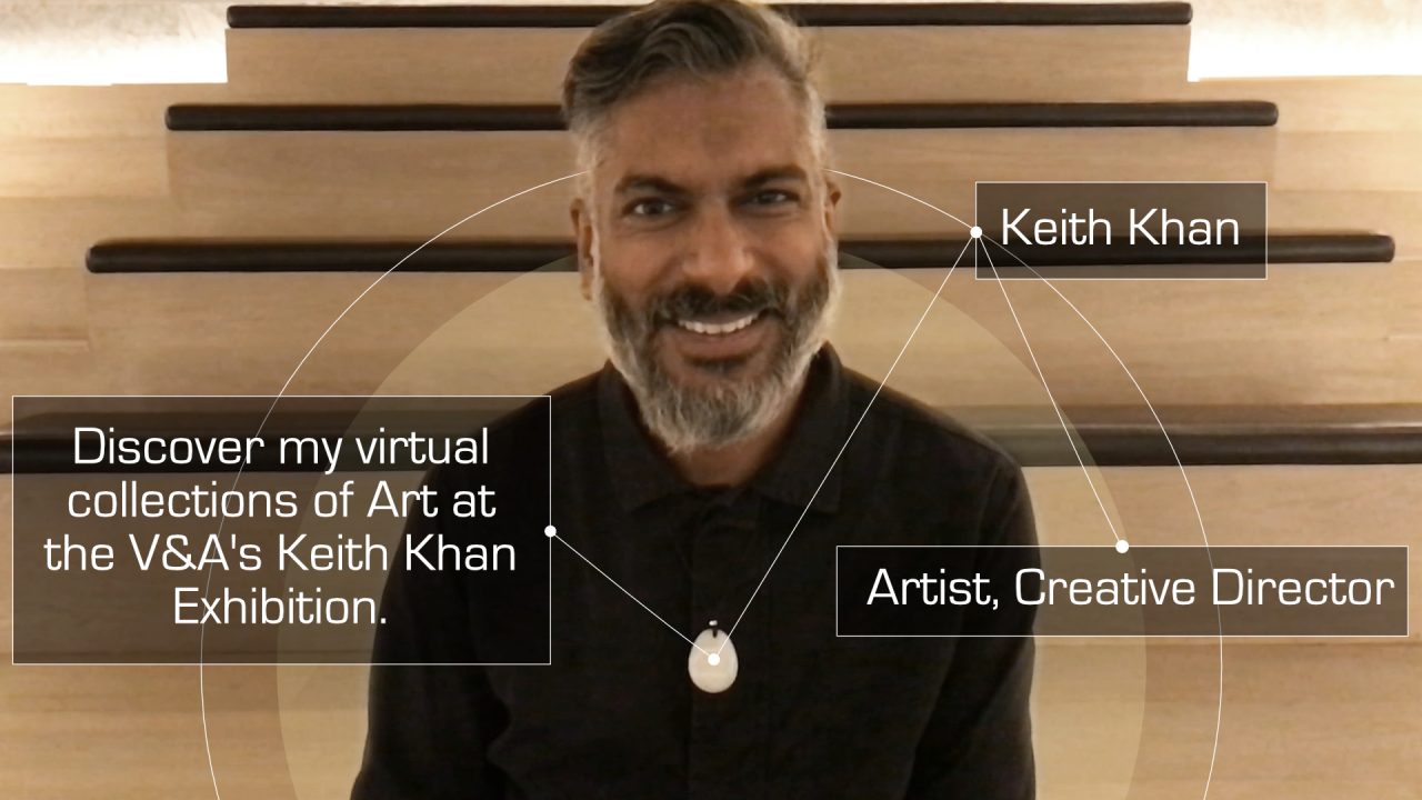 Keith Khan, artist and creative director, wearing a Hex Beacon, with an overlaid invitation to discover his V&A collections