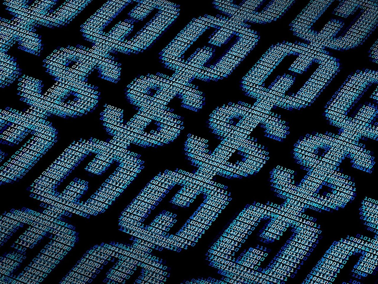 Rows of glowing blue dollar signs made of binary digits on a black background