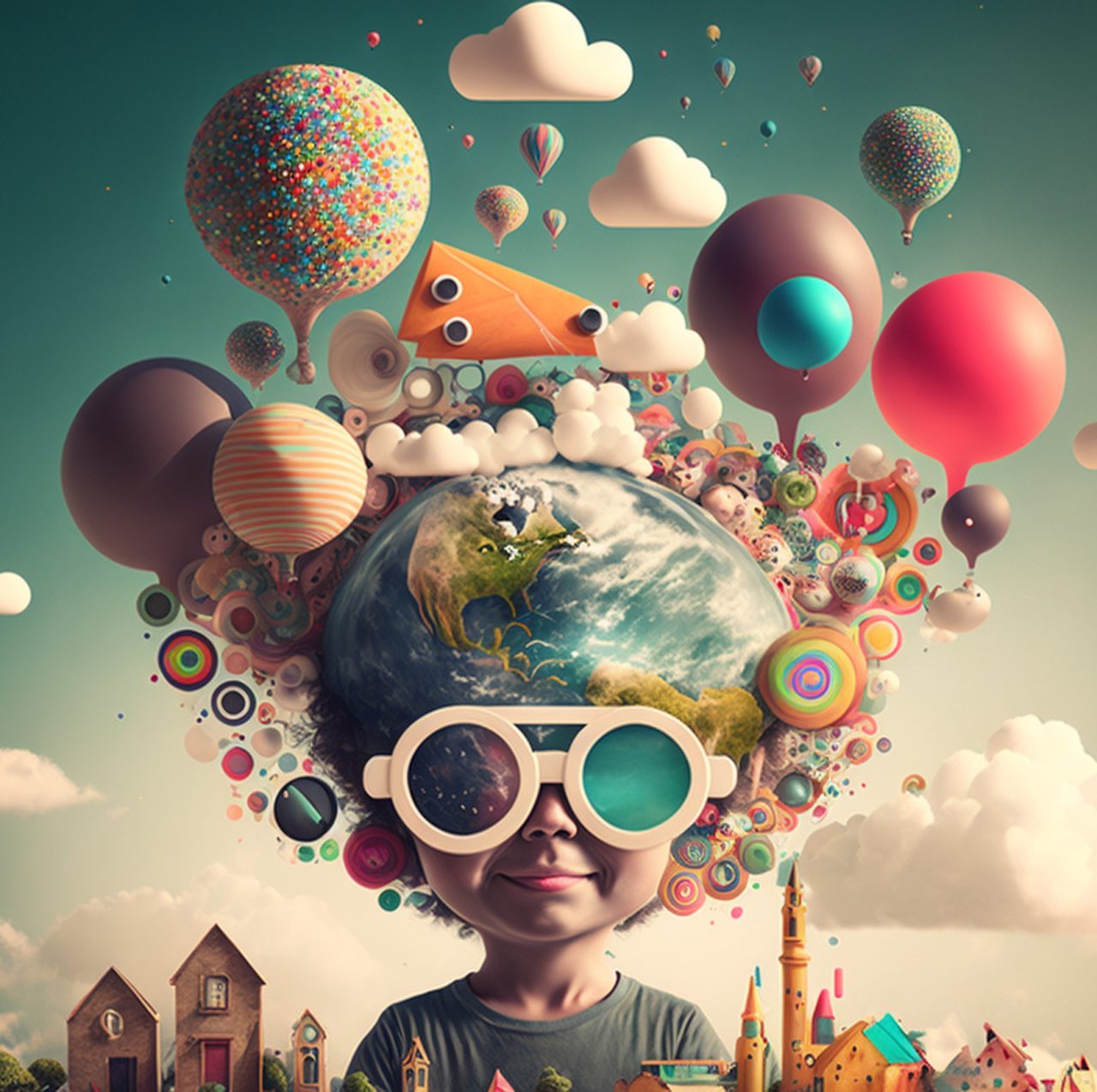 Illustration of a child in big glasses with a globe, balloons and clouds bursting from their head like ideas