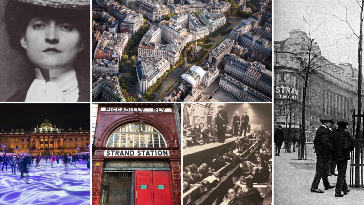 Strand Aldwych collage: a Victorian portrait, an aerial view of the area, Strand Station's red doors and old street photos