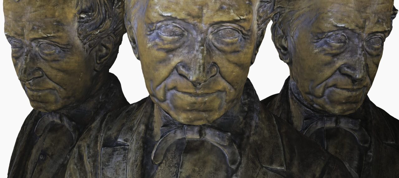 Three views of a bronze-toned bust of Charles Wheatstone, captured in 3D by Aralia from a replica of the original bust