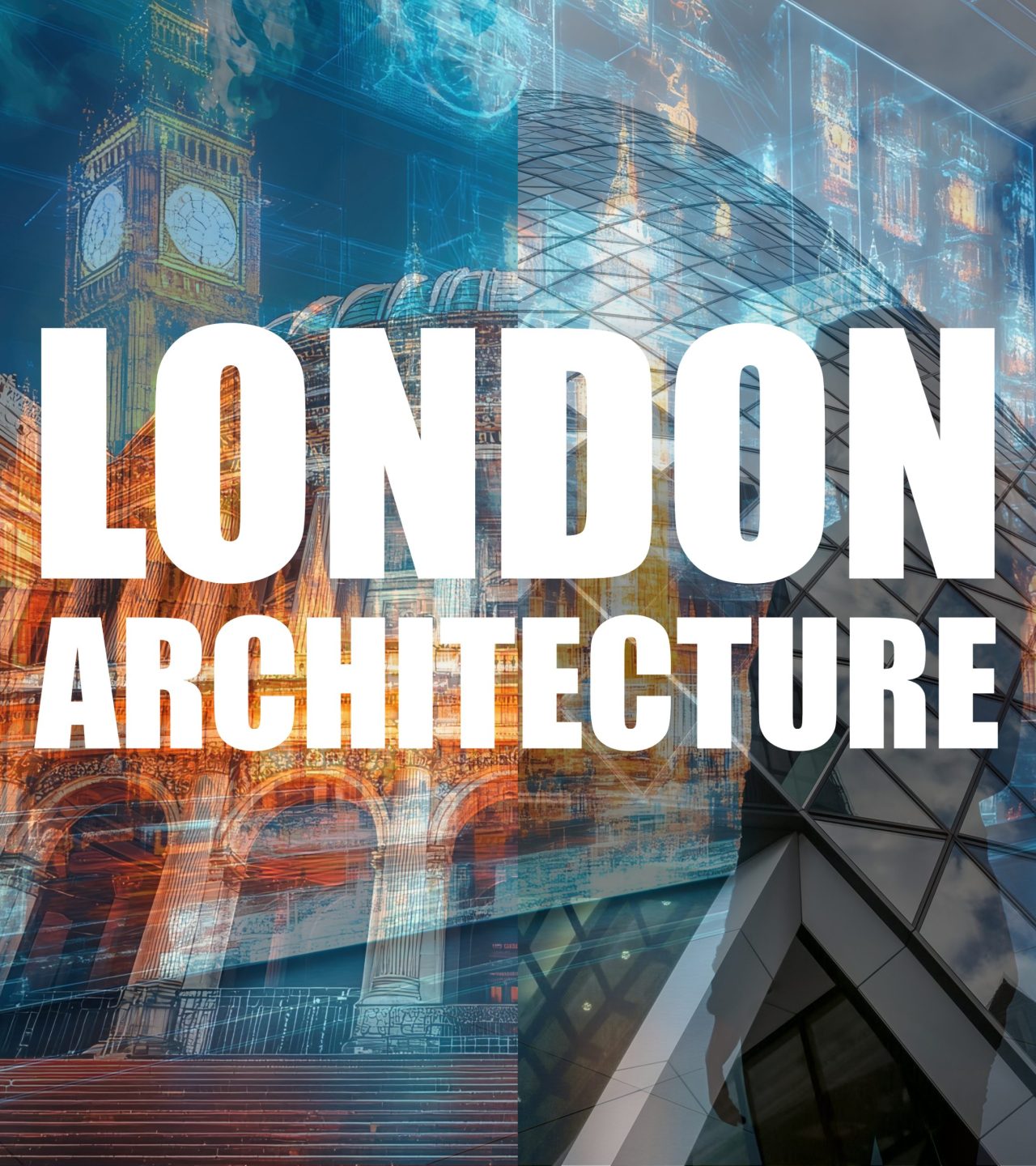 The words London Architecture over a montage of Big Ben, a glass tower and other London buildings