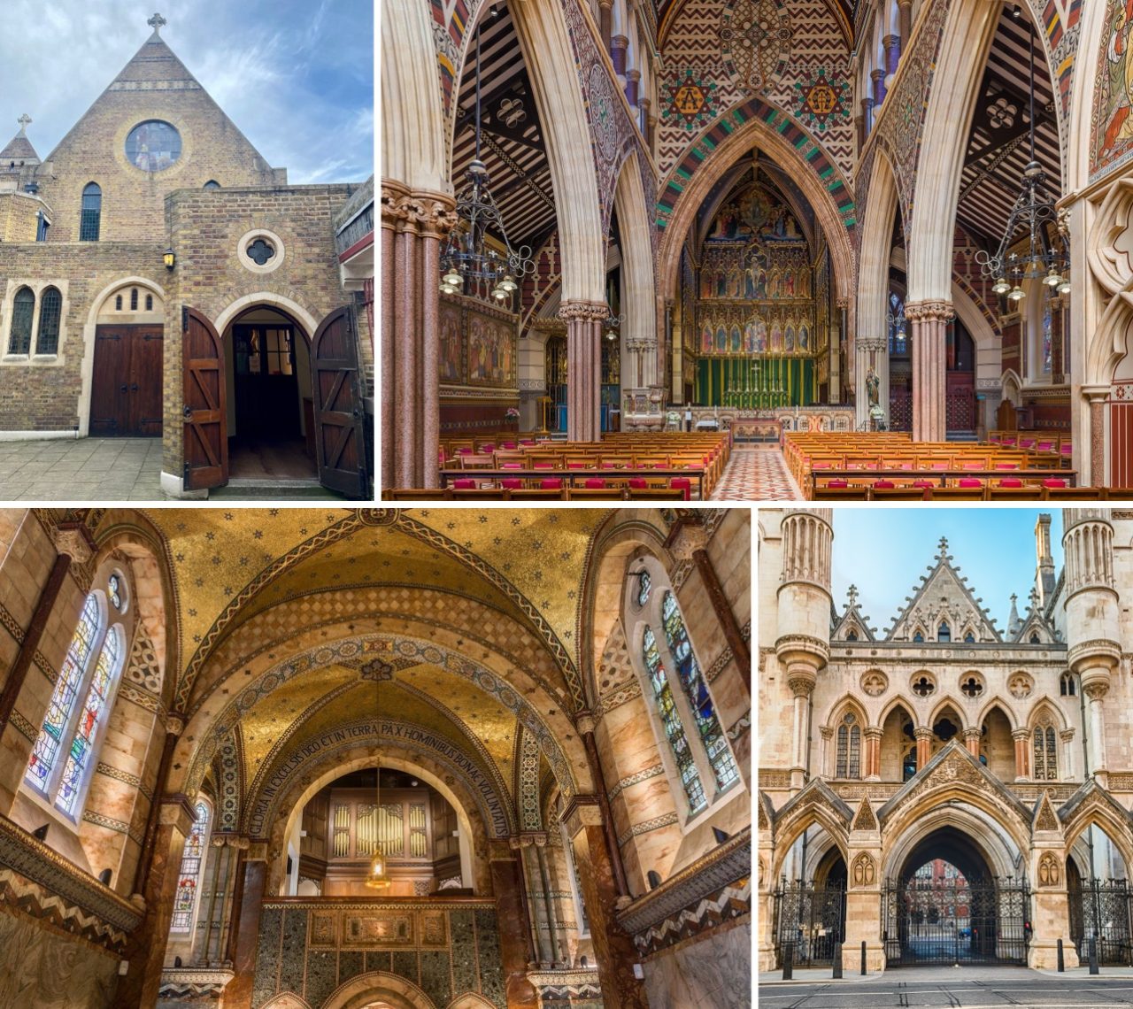 Four photographs of London neo-Gothic churches: two stone exteriors and two richly decorated interiors