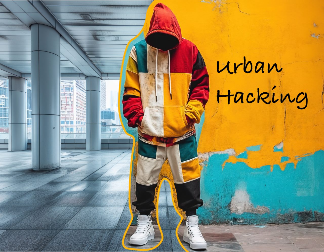 A person in a colourful patchwork hoodie against a yellow wall painted with the words Urban Hacking