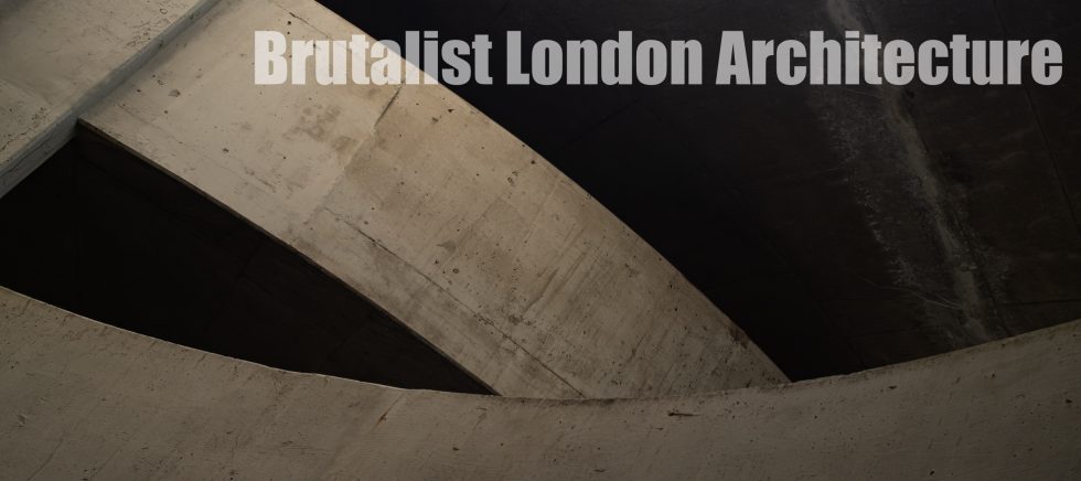 Curved concrete forms in shadow, titled Brutalist London Architecture
